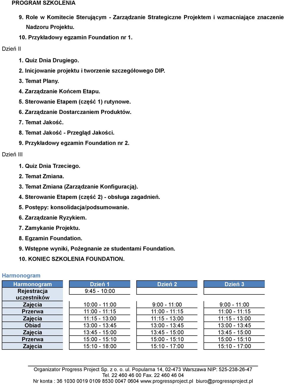 Temat Jakość - Przegląd Jakości. 9. Przykładowy egzamin Foundation nr 2. Dzień III 1. Quiz Dnia Trzeciego. 2. Temat Zmiana. 3. Temat Zmiana (Zarządzanie Konfiguracją). 4.