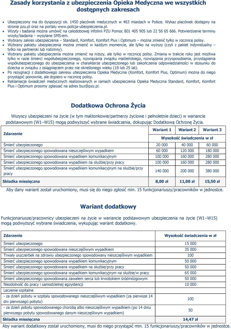 Potwierdzenie terminu wizyty/badania wysyłane SMS-em. Wybrany zakres ubezpieczenia Standard, Komfort, Komfort Plus i Optimum można zmienić tylko w rocznicę polisy.