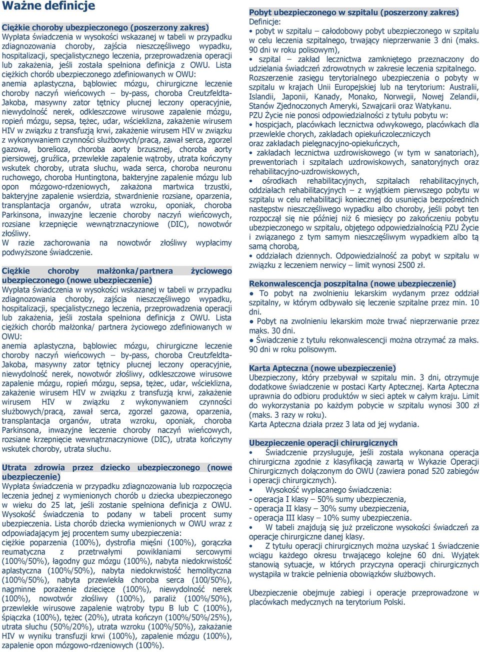 Lista ciężkich chorób ubezpieczonego zdefiniowanych w OWU: anemia aplastyczna, bąblowiec mózgu, chirurgiczne leczenie choroby naczyń wieńcowych by-pass, choroba Creutzfeldta- Jakoba, masywny zator