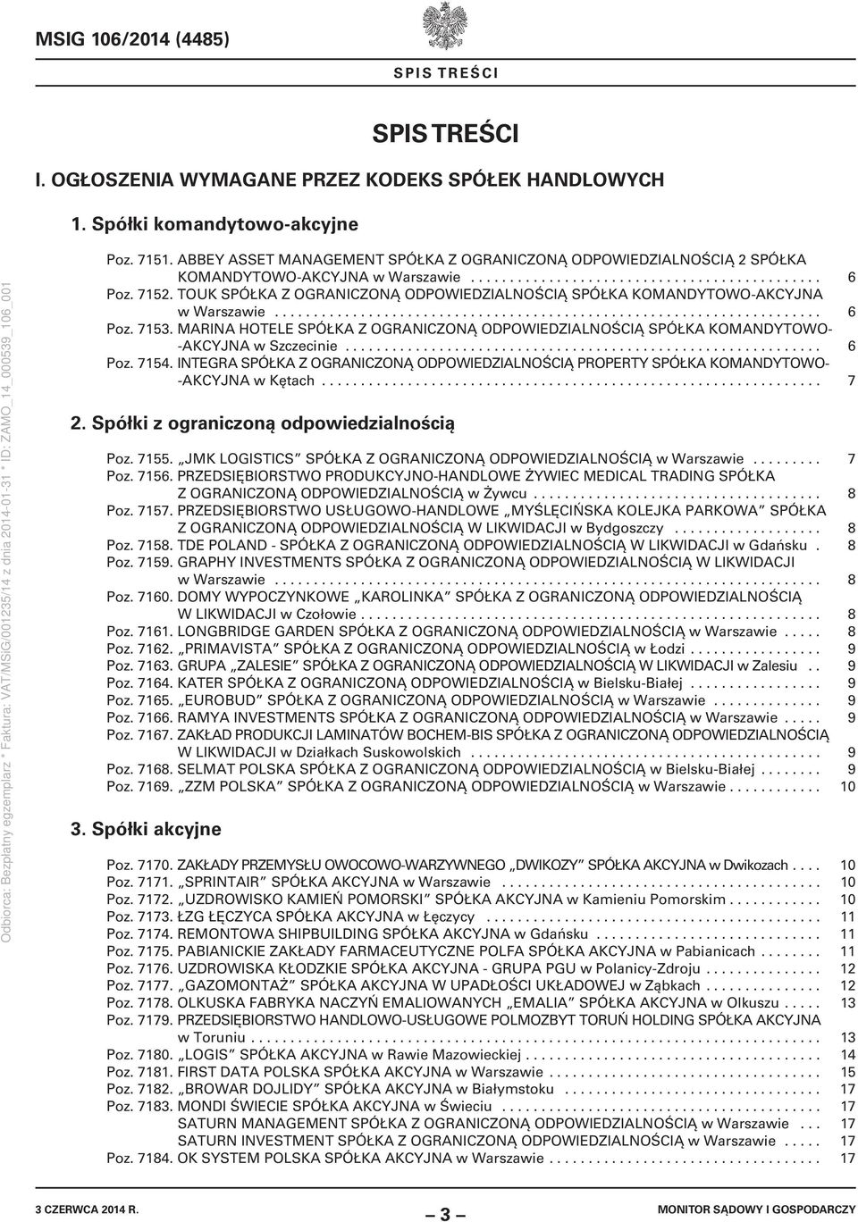 TOUK SPÓŁKA Z OGRANICZONĄ ODPOWIEDZIALNOŚCIĄ SPÓŁKA KOMANDYTOWO-AKCYJNA w Warszawie...................................................................... 6 Poz. 7153.