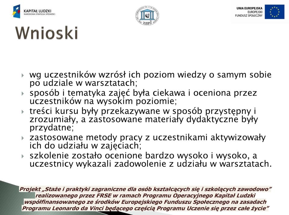 zastosowane materiały dydaktyczne były przydatne; zastosowane metody pracy z uczestnikami aktywizowały ich do udziału