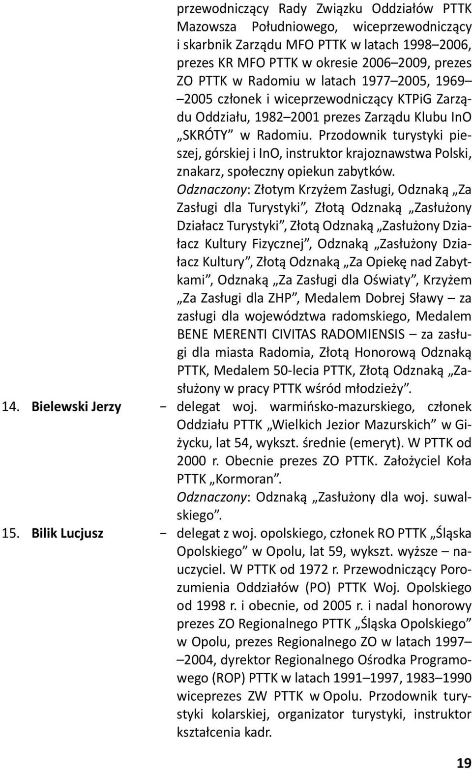 Przodownik turystyki pieszej, górskiej i InO, instruktor krajoznawstwa Polski, znakarz, społeczny opiekun zabytków.