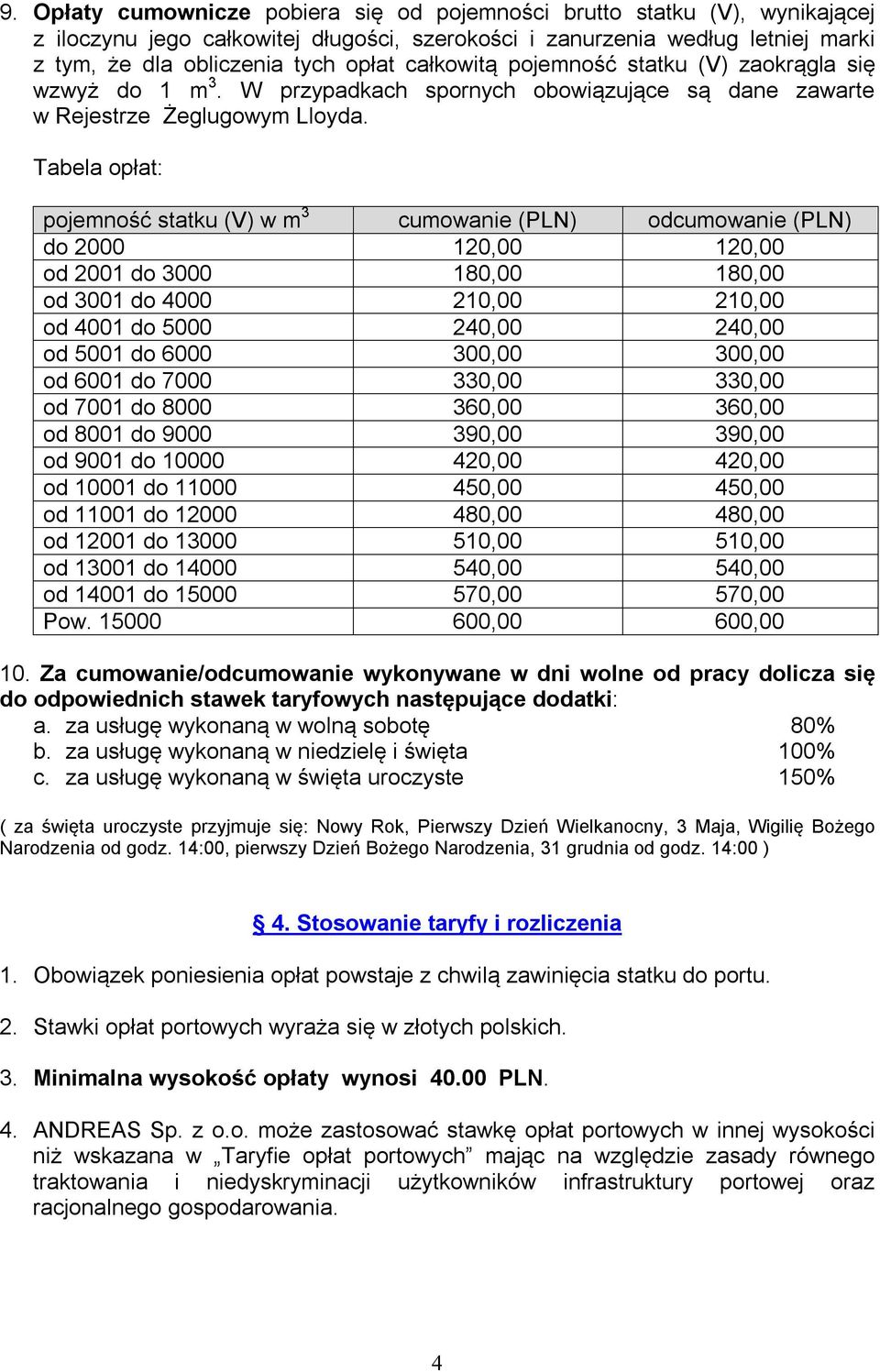 Tabela opłat: pojemność statku (V) w m 3 cumowanie (PLN) odcumowanie (PLN) do 2000 120,00 120,00 od 2001 do 3000 180,00 180,00 od 3001 do 4000 210,00 210,00 od 4001 do 5000 240,00 240,00 od 5001 do