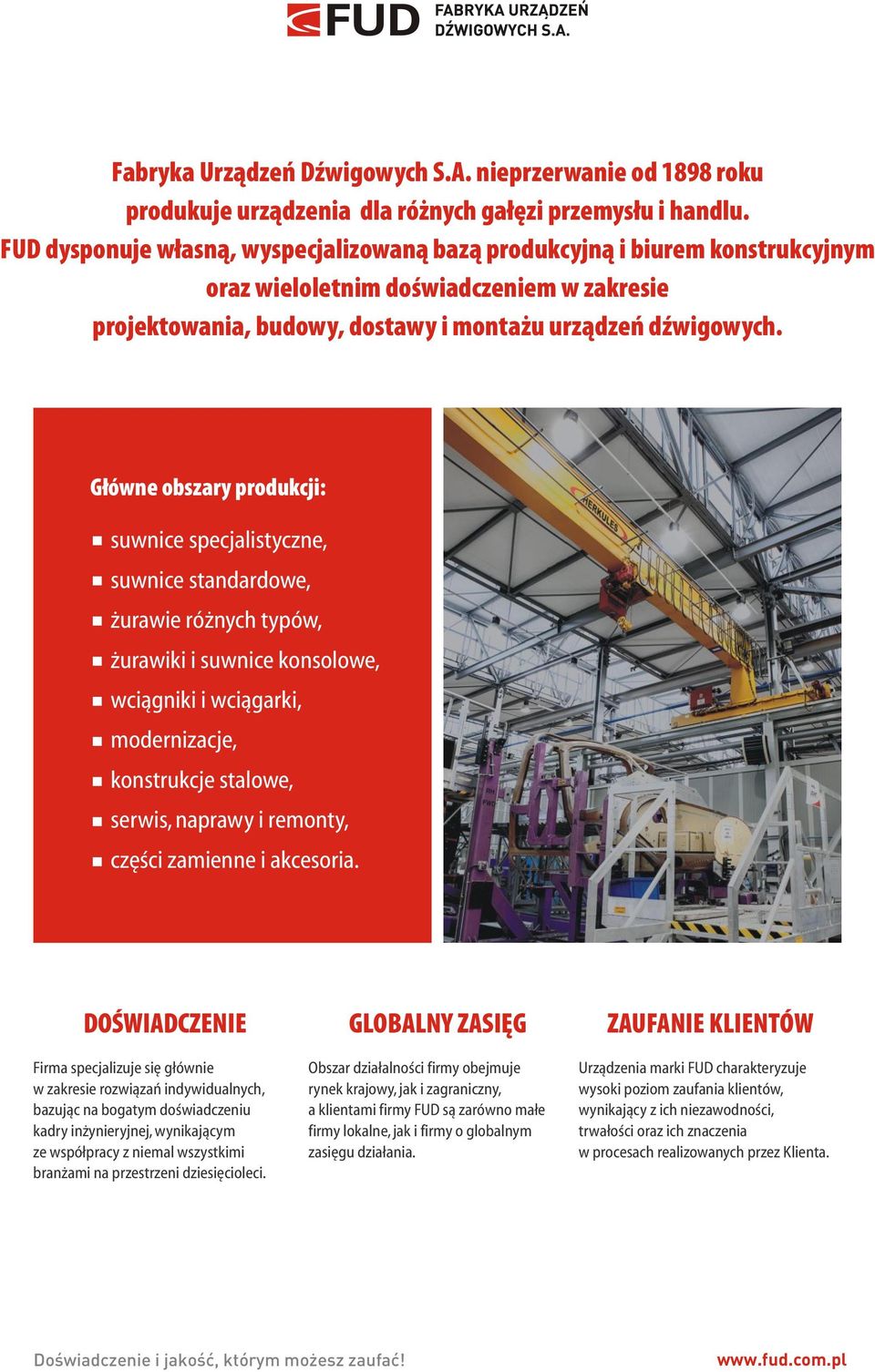 Główne obszary produkcji: suwnice specjalistyczne, suwnice standardowe, żurawie różnych typów, żurawiki i suwnice konsolowe, wciągniki i wciągarki, modernizacje, konstrukcje stalowe, serwis, naprawy