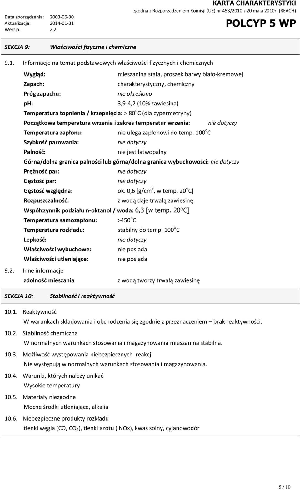 3,9-4,2 (10% zawiesina) Temperatura topnienia / krzepnięcia: > 80 o C (dla cypermetryny) Początkowa temperatura wrzenia i zakres temperatur wrzenia: nie dotyczy Temperatura zapłonu: nie ulega