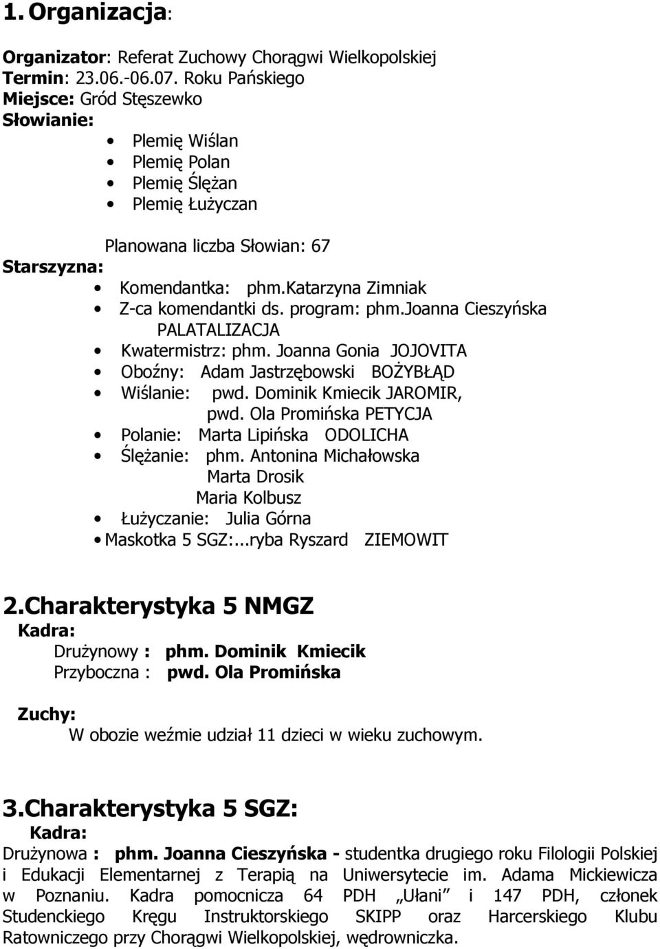 katarzyna Zimniak Z-ca komendantki ds. program: phm.joanna Cieszyńska PALATALIZACJA Kwatermistrz: phm. Joanna Gonia JOJOVITA Oboźny: Adam Jastrzębowski BOŻYBŁĄD Wiślanie: pwd.