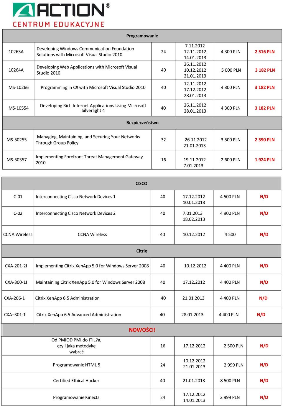 2012 4 300 PLN 2 516 PLN 5 000 PLN 3 182 PLN MS-50255 Managing, Maintaining, and Securing Your Networks Through Group Policy 32 MS-50357 Implementing Forefront Threat Management Gateway 2010 16 2 600