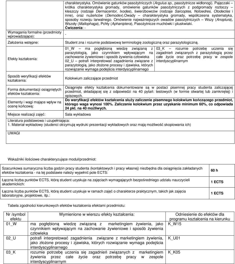 Pajęczaki krótka charakterystyka gromady, omówienie gatunków pasożytniczych z podgromady roztoczy kleszczy (rodzaje Dermacentor, Ixodes), świerzbowców (rodzaje Sarcoptes, Notoedres, Otodectes i