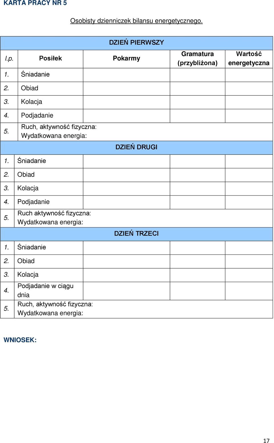 Ruch, aktywność fizyczna: Wydatkowana energia: DZIEŃ DRUGI 1. Śniadanie 2. Obiad 3. Kolacja 4. Podjadanie 5.