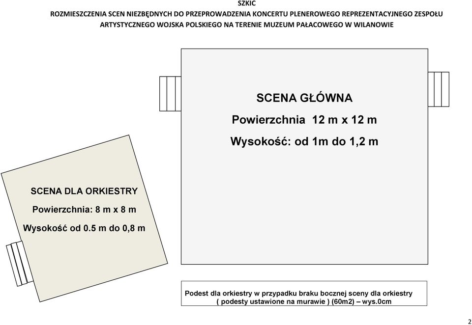 12 m Wysokość: od 1m do 1,2 m SCENA DLA ORKIESTRY Powierzchnia: 8 m x 8 m Wysokość od 0.