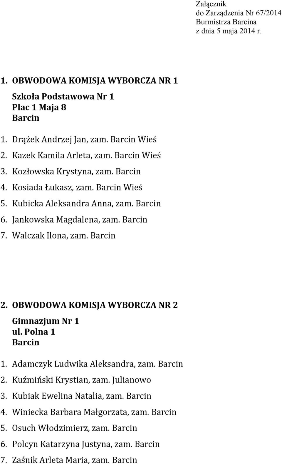 Jankowska Magdalena, zam. 7. Walczak Ilona, zam. 2. OBWODOWA KOMISJA WYBORCZA NR 2 Gimnazjum Nr 1 ul. Polna 1 1. Adamczyk Ludwika Aleksandra, zam. 2. Kuźmiński Krystian, zam.