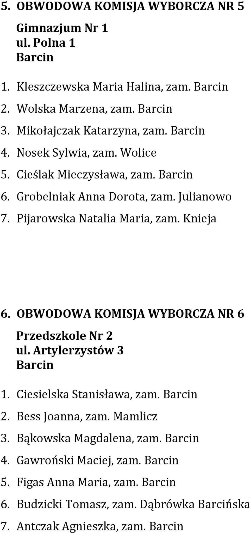 Pijarowska Natalia Maria, zam. Knieja 6. OBWODOWA KOMISJA WYBORCZA NR 6 Przedszkole Nr 2 ul. Artylerzystów 3 1. Ciesielska Stanisława, zam. 2. Bess Joanna, zam.