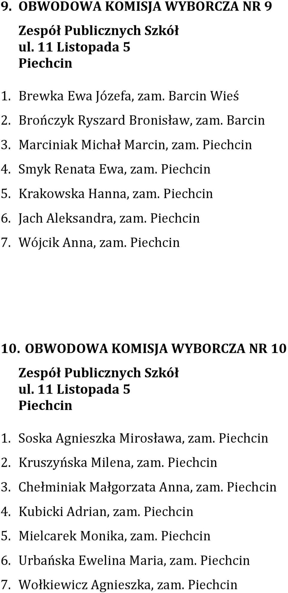 Piechcin 10. OBWODOWA KOMISJA WYBORCZA NR 10 Zespół Publicznych Szkół ul. 11 Listopada 5 Piechcin 1. Soska Agnieszka Mirosława, zam. Piechcin 2. Kruszyńska Milena, zam.