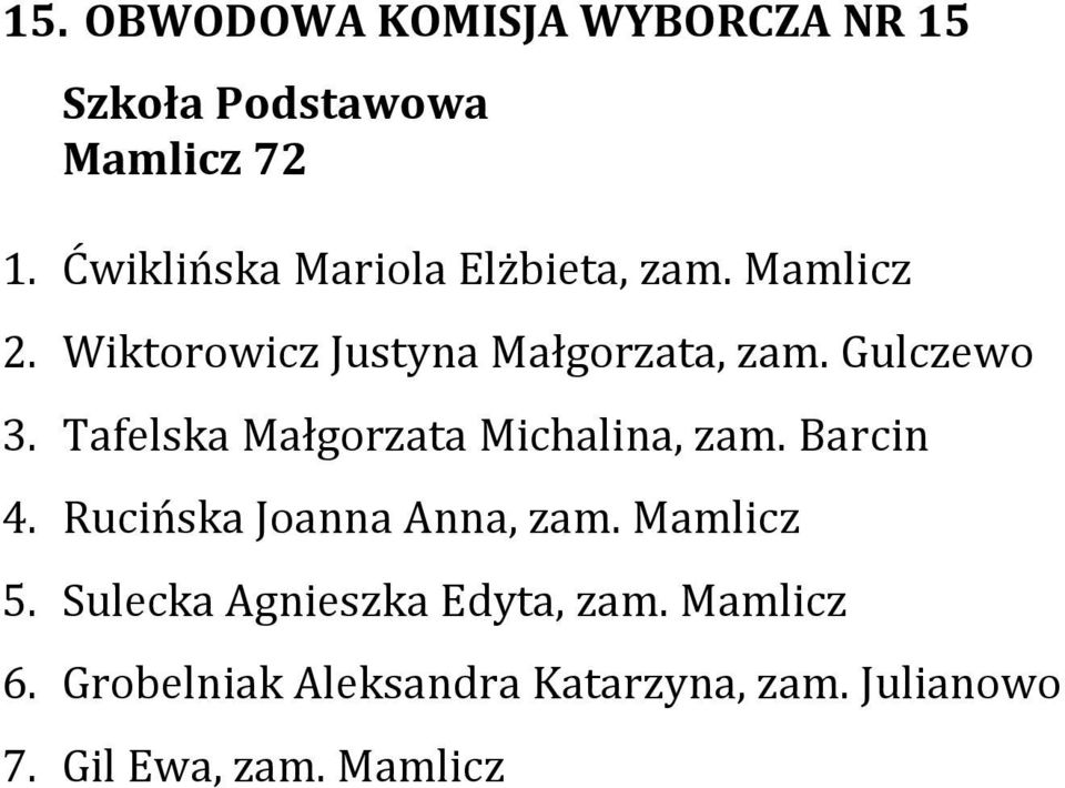 Gulczewo 3. Tafelska Małgorzata Michalina, zam. 4. Rucińska Joanna Anna, zam. Mamlicz 5.