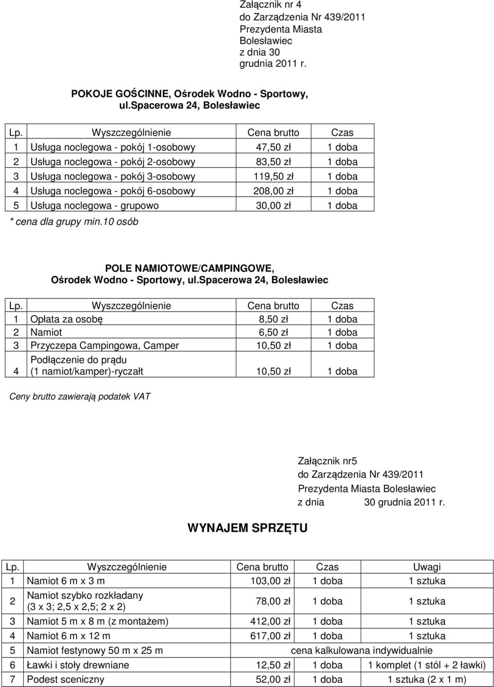 Usługa noclegowa - pokój 6-osobowy 208,00 zł 1 doba 5 Usługa noclegowa - grupowo 30,00 zł 1 doba * cena dla grupy min.10 osób POLE NAMIOTOWE/CAMPINGOWE, Ośrodek Wodno - Sportowy, ul.