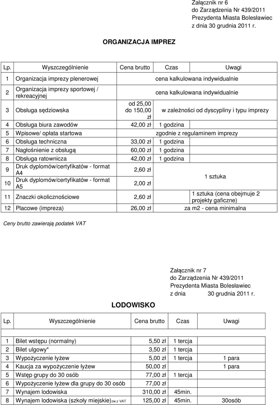 godzina 7 Nagłośnienie z obsługą 60,00 zł 1 godzina 8 Obsługa ratownicza 42,00 zł 1 godzina 9 Druk dyplomów/certyfikatów - format A4 2,60 zł 10 Druk dyplomów/certyfikatów - format A5 2,00 zł 1 sztuka