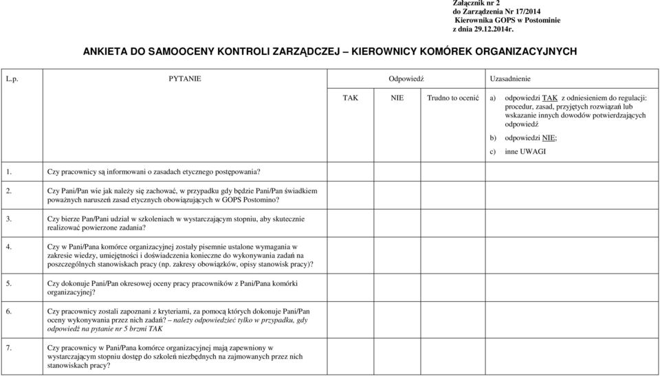 Czy Pani/Pan wie jak naleŝy się zachować, w przypadku gdy będzie Pani/Pan świadkiem powaŝnych naruszeń zasad etycznych obowiązujących w GOPS Postomino? 3.