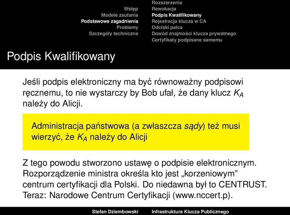 Administracja państwowa (a zwłaszcza sady) też musi wierzyć, że K A należy do Alicji Z tego powodu stworzono ustawę o podpisie elektronicznym.