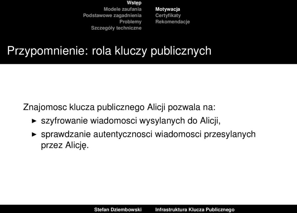 pozwala na: szyfrowanie wiadomosci wysylanych do Alicji,