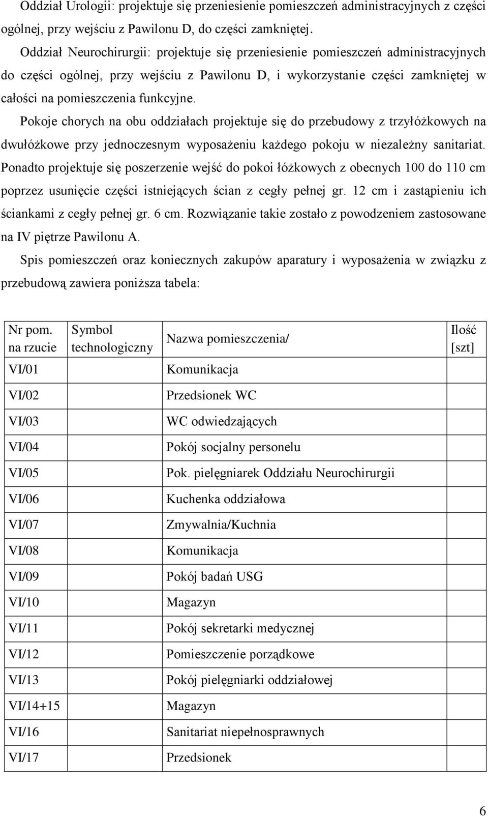 Pokoje chorych na obu oddziałach projektuje się do przebudowy z trzyłóżkowych na dwułóżkowe przy jednoczesnym wyposażeniu każdego pokoju w niezależny sanitariat.