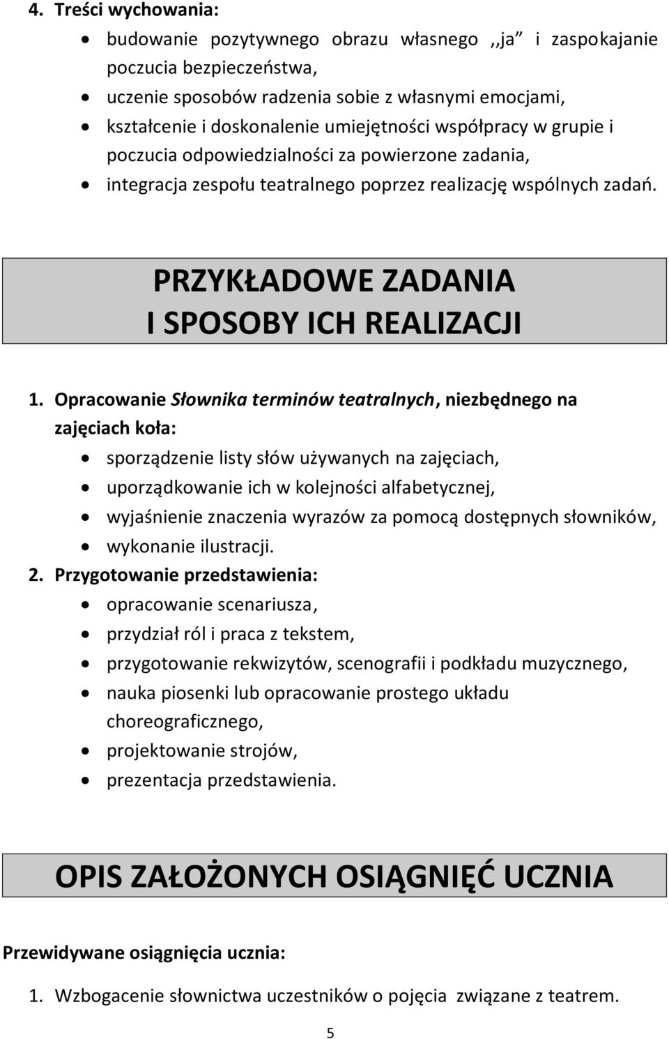 Opracowanie Słownika terminów teatralnych, niezbędnego na zajęciach koła: sporządzenie listy słów używanych na zajęciach, uporządkowanie ich w kolejności alfabetycznej, wyjaśnienie znaczenia wyrazów