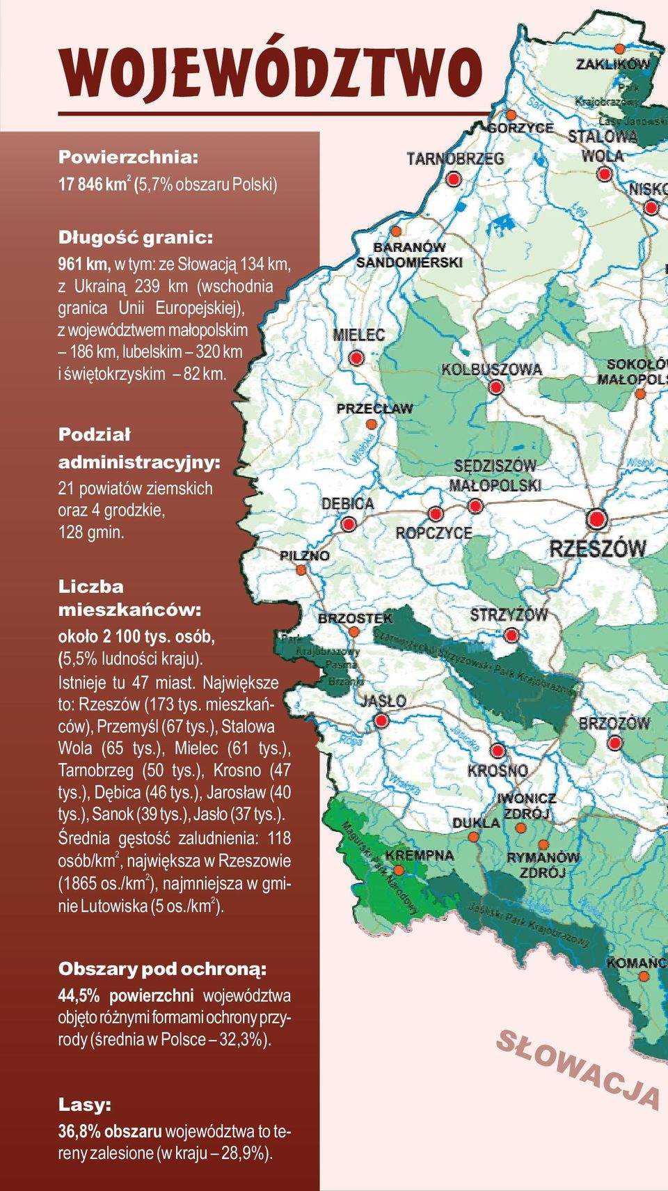 Największe to: Rzeszów (173 tys. mieszkańców), Przemyśl (67 tys.), Stalowa Wola (65 tys.), Mielec (61 tys.), Tarnobrzeg (50 tys.), Krosno (47 tys.), Dębica (46 tys.), Jarosław (40 tys.