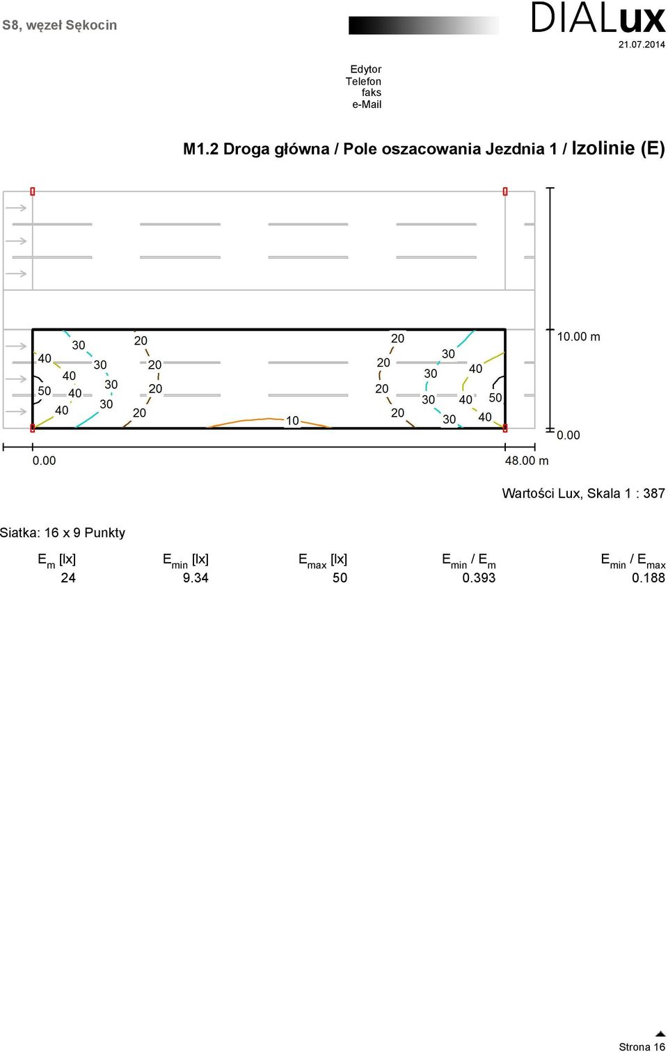 Siatka: 16 x 9 Punkty E m [lx] E max / E m E