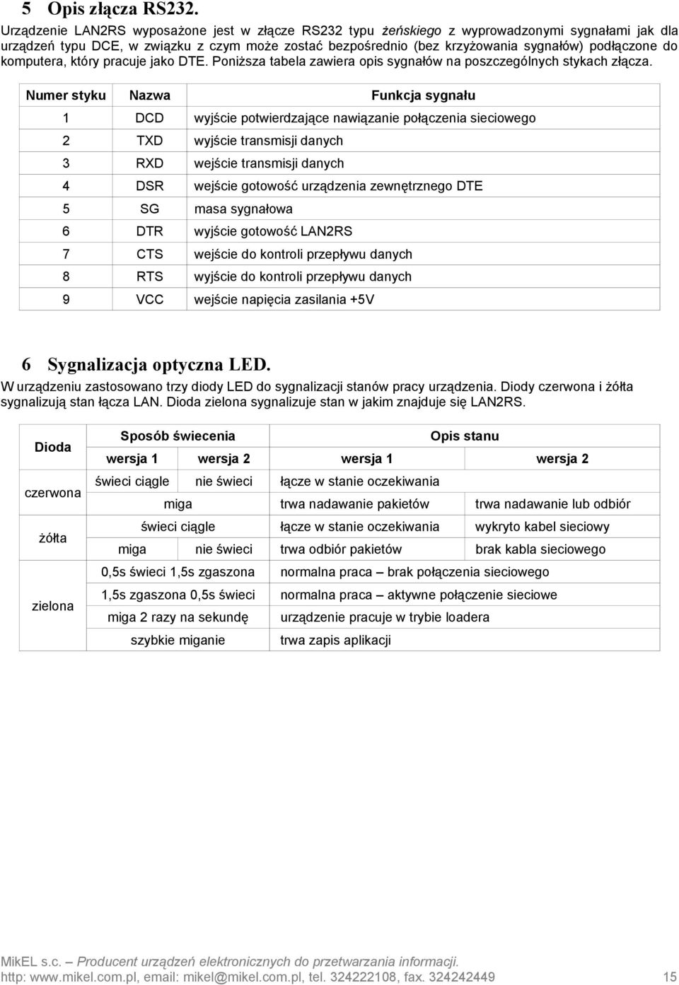 do komputera, który pracuje jako DTE. Poniższa tabela zawiera opis sygnałów na poszczególnych stykach złącza.