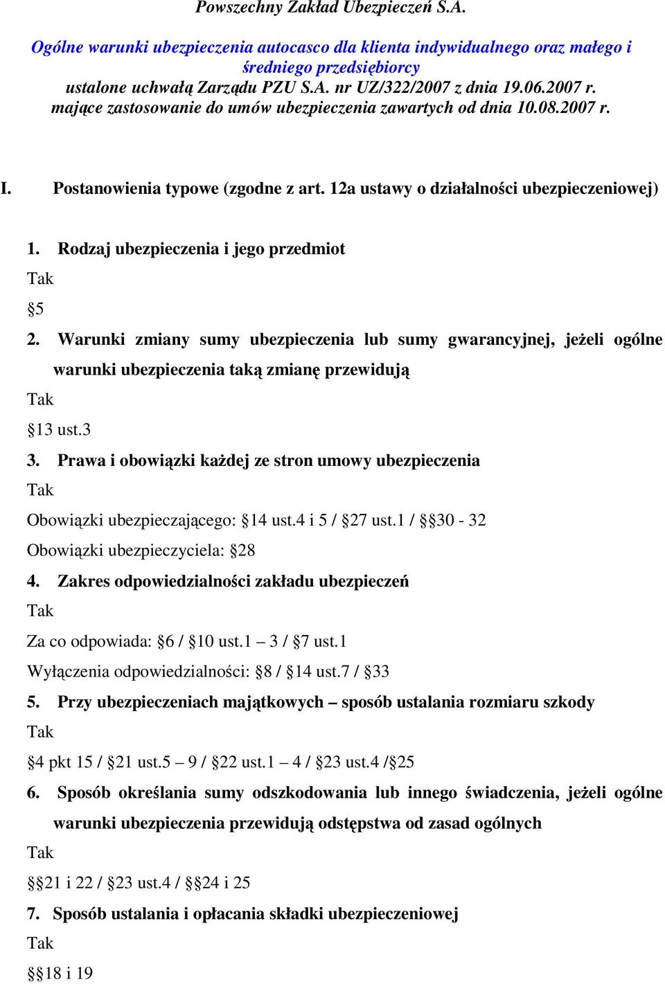 Rodzaj ubezpieczenia i jego przedmiot 5 2. Warunki zmiany sumy ubezpieczenia lub sumy gwarancyjnej, jeżeli ogólne warunki ubezpieczenia taką zmianę przewidują 13 ust.3 3.