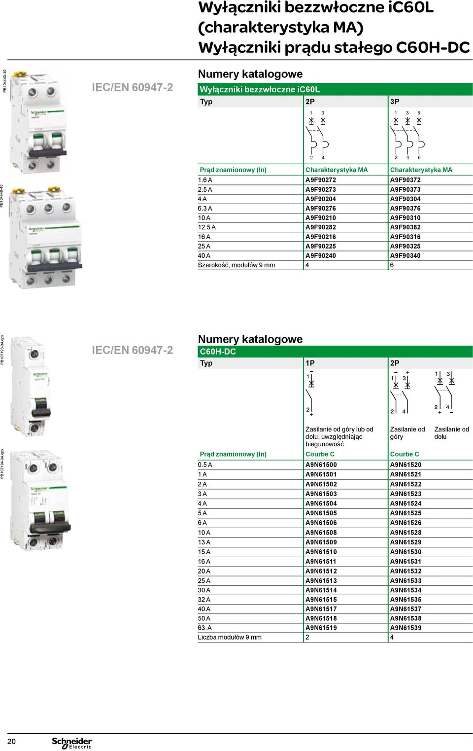 5 A A9F908 A9F908 6 A A9F906 A9F906 5 A A9F905 A9F905 0 A A9F900 A9F900 Szerokość, modułów 9 mm 6 PB079-.eps IEC/EN 6097- Numery katalogowe C60H-DC Typ P P PB079-.