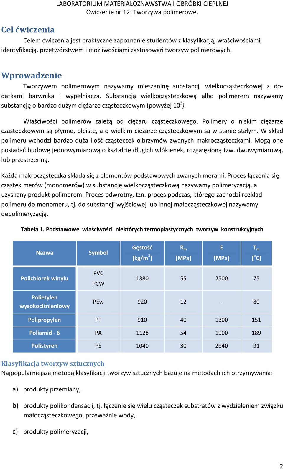 Substancją wielkocząsteczkową albo polimerem nazywamy substancję o bardzo dużym ciężarze cząsteczkowym (powyżej 10 3 ). Właściwości polimerów zależą od ciężaru cząsteczkowego.