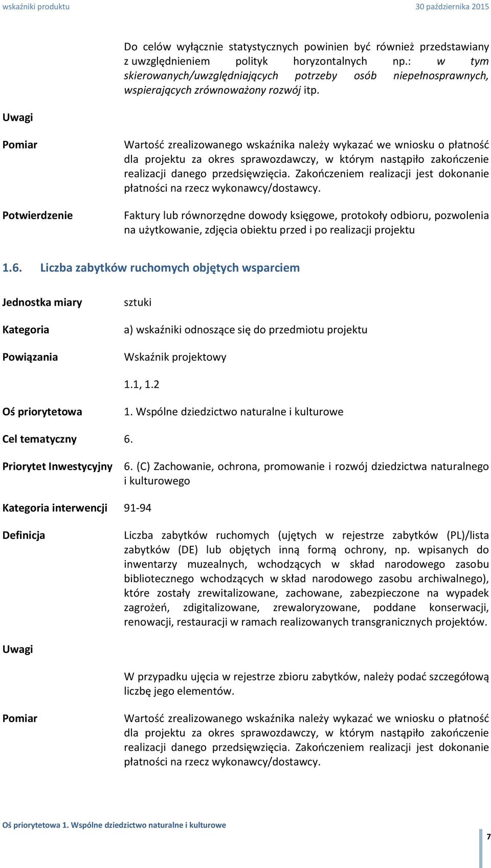 6. (C) Zachowanie, ochrona, promowanie i rozwój dziedzictwa naturalnego i kulturowego interwencji 91-94 Liczba zabytków ruchomych (ujętych w rejestrze zabytków (PL)/lista zabytków (DE) lub objętych