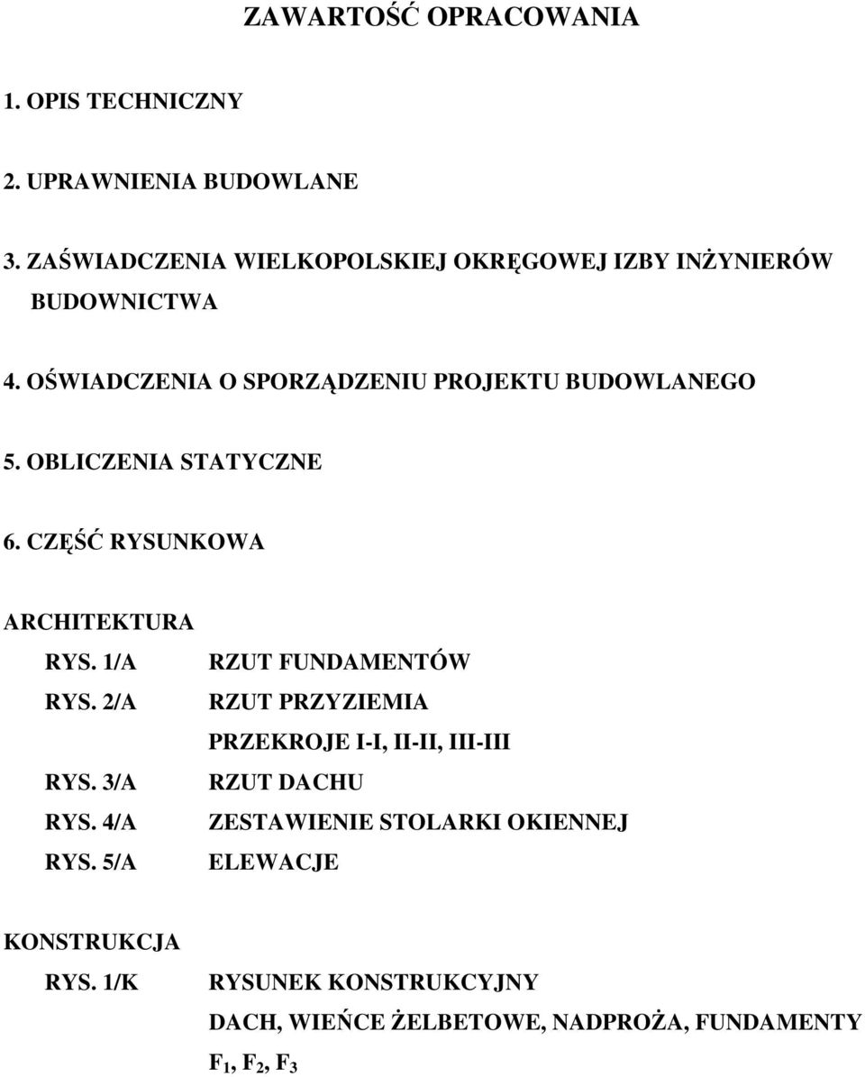 OBLICZENIA STATYCZNE 6. CZĘŚĆ RYSUNKOWA ARCHITEKTURA RYS. 1/A RYS. 2/A RYS. 3/A RYS. 4/A RYS.