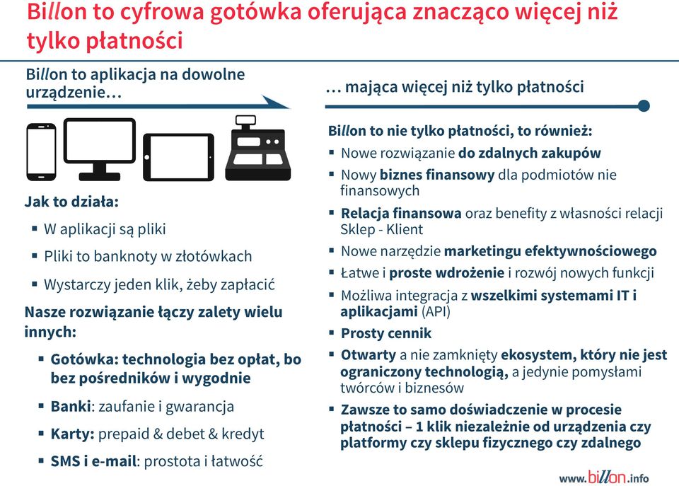 e-mail: prostota i łatwość mająca więcej niż tylko płatności Billon to nie tylko płatności, to również: Nowe rozwiązanie do zdalnych zakupów Nowy biznes finansowy dla podmiotów nie finansowych