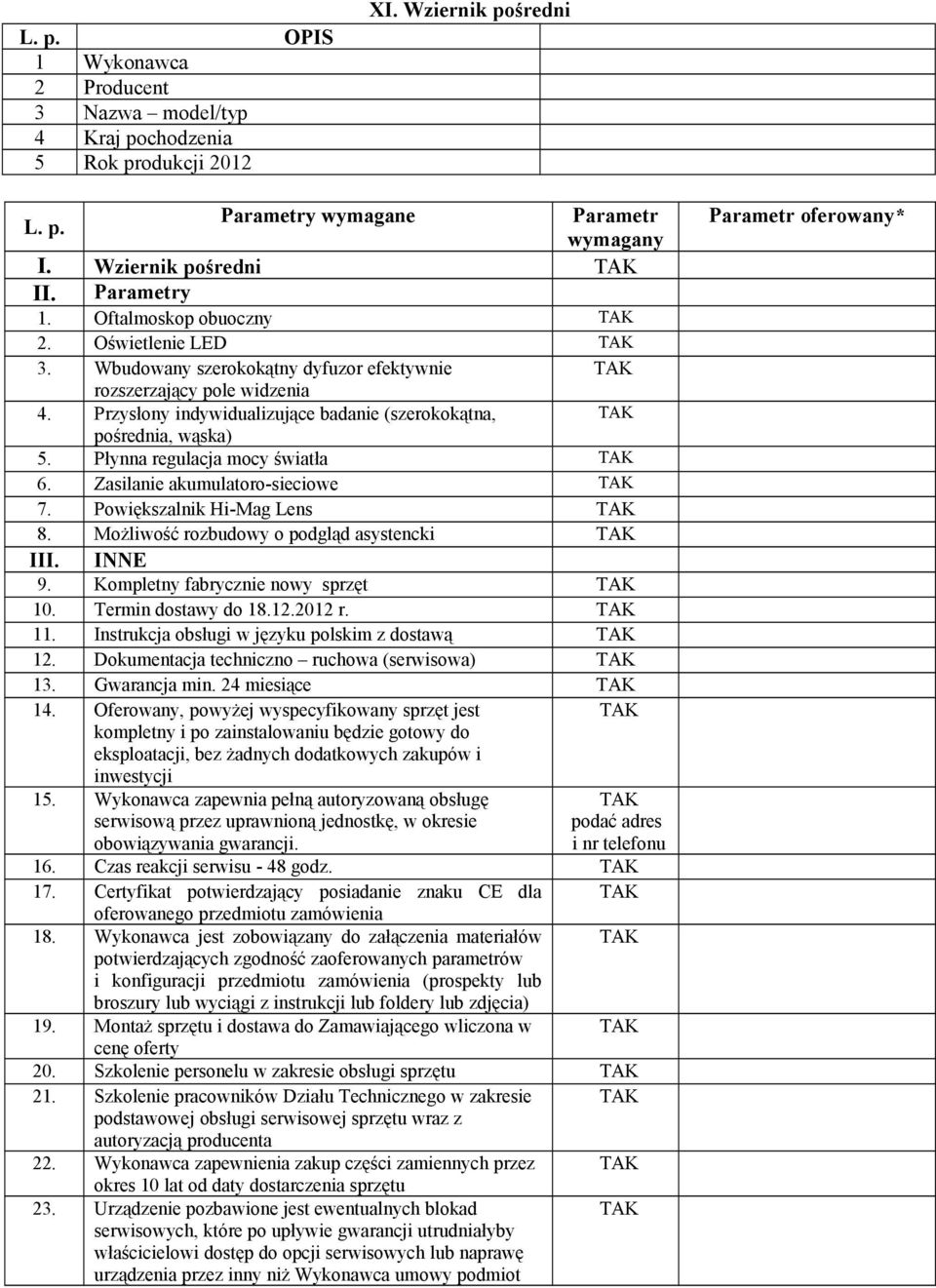 Możliwość rozbudowy o podgląd asystencki III. INNE 9. Kompletny fabrycznie nowy sprzęt 10. Termin dostawy do 18.12.2012 r. 11. Instrukcja obsługi w języku polskim z dostawą 12.