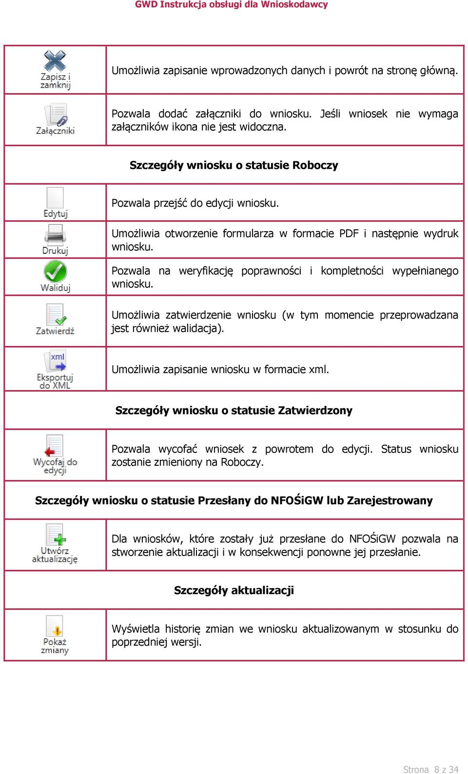 Pozwala na weryfikację poprawności i kompletności wypełnianego wniosku. Umożliwia zatwierdzenie wniosku (w tym momencie przeprowadzana jest również walidacja).