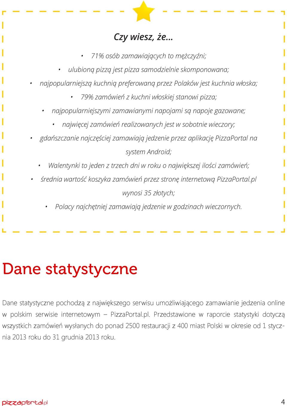 stanowi pizza; najpopularniejszymi zamawianymi napojami są napoje gazowane; najwięcej zamówień realizowanych jest w sobotnie wieczory; gdańszczanie najczęściej zamawiają jedzenie przez aplikację