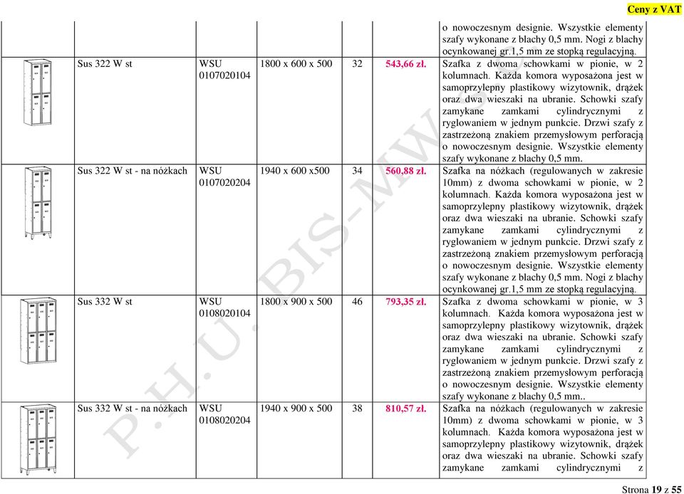 Schowki szafy zamykane zamkami cylindrycznymi z ryglowaniem w Drzwi szafy z zastrzeżoną znakiem przemysłowym perforacją o nowoczesnym designie. Wszystkie elementy szafy wykonane z blachy 0,5 mm.