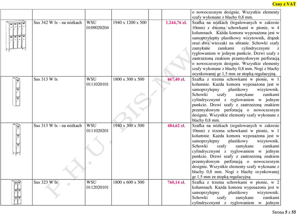 Schowki szafy zamykane zamkami cylindrycznymi z ryglowaniem w Drzwi szafy z zastrzeżoną znakiem przemysłowym perforacją o nowoczesnym designie. Wszystkie elementy szafy wykonane z blachy 0,8 mm.