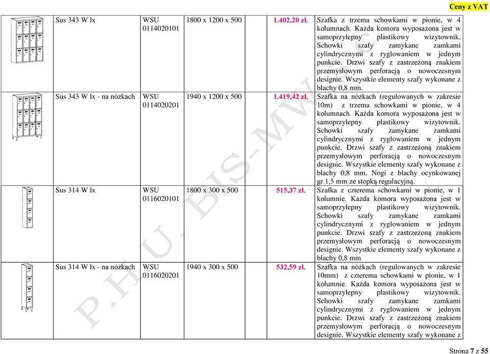 Szafka na nóżkach (regulowanych w zakresie 0m) z trzema schowkami w pionie, w 4 blachy 0,8 mm. Nogi z blachy ocynkowanej gr.,5 mm ze stopką regulacyjną.