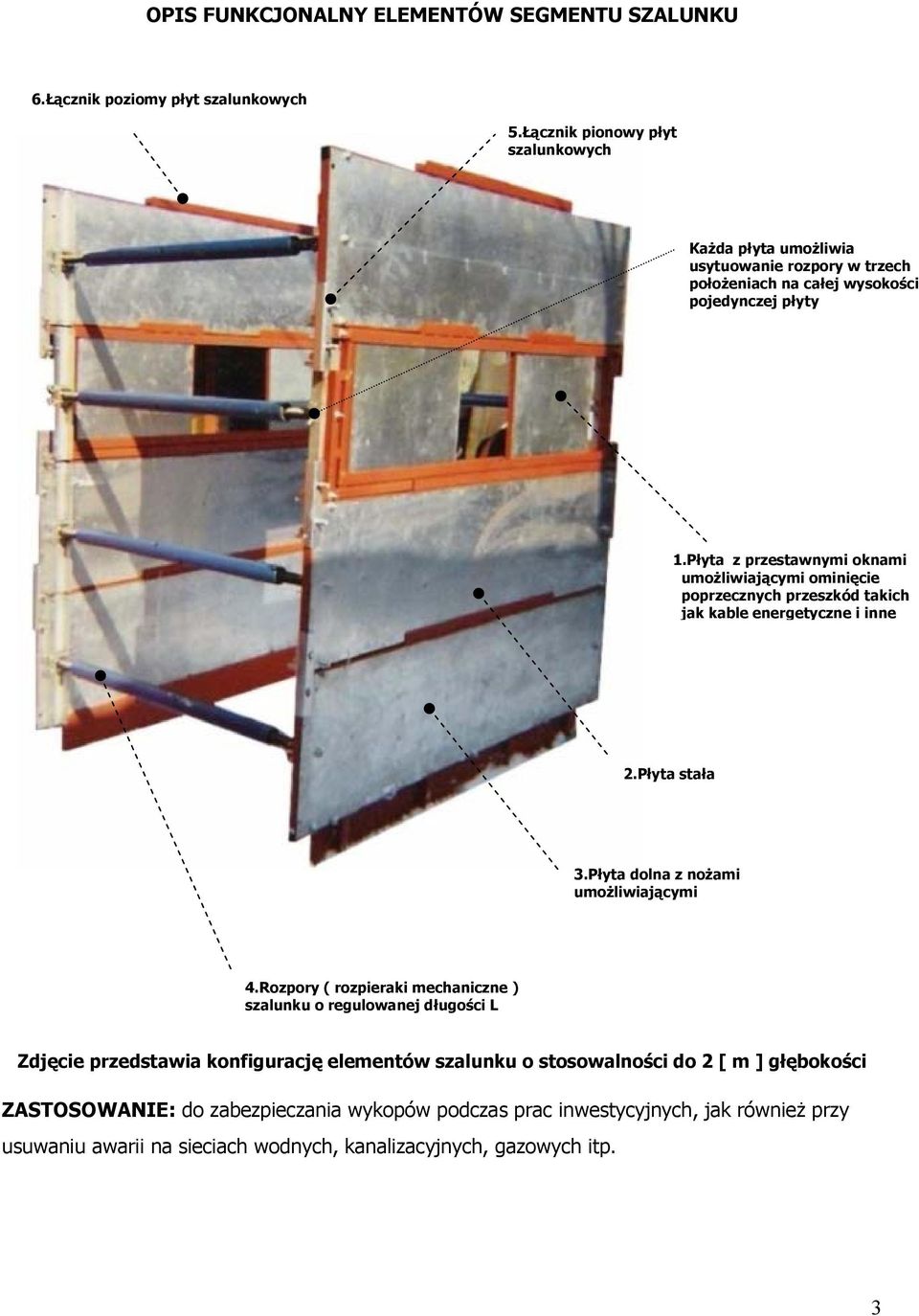 Płyta z przestawnymi oknami umożliwiającymi ominięcie poprzecznych przeszkód takich jak kable energetyczne i inne 2.Płyta stała 3.Płyta dolna z nożami umożliwiającymi 4.