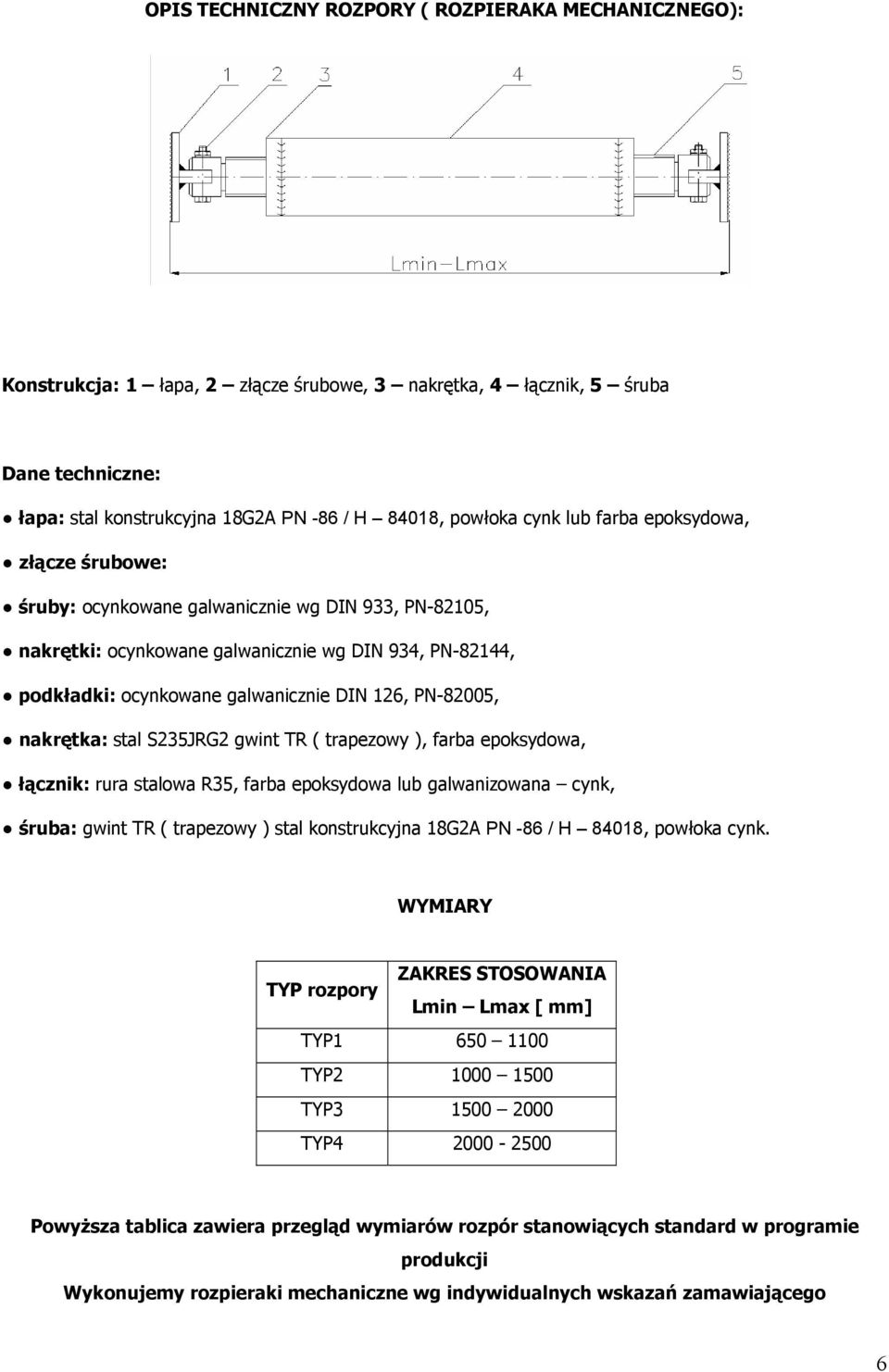 PN-82005, nakrętka: stal S235JRG2 gwint TR ( trapezowy ), farba epoksydowa, łącznik: rura stalowa R35, farba epoksydowa lub galwanizowana cynk, śruba: gwint TR ( trapezowy ) stal konstrukcyjna 18G2A