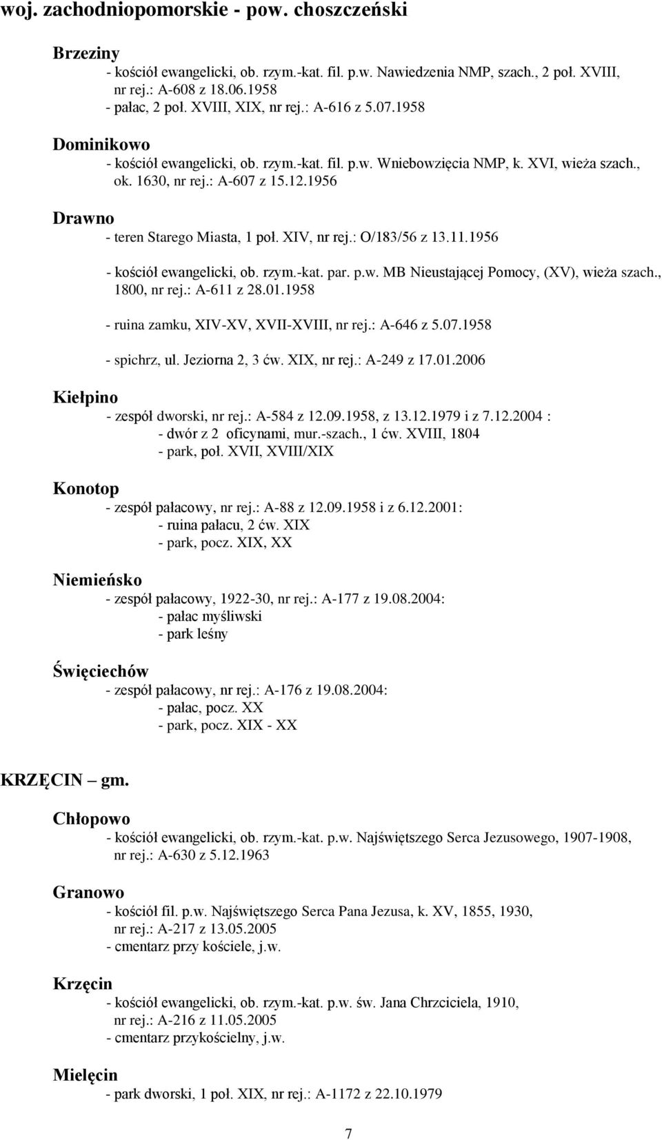 1956 Drawno - teren Starego Miasta, 1 poł. XIV, nr rej.: O/183/56 z 13.11.1956 - kościół ewangelicki, ob. rzym.-kat. par. p.w. MB Nieustającej Pomocy, (XV), wieża szach., 1800, nr rej.: A-611 z 28.01.