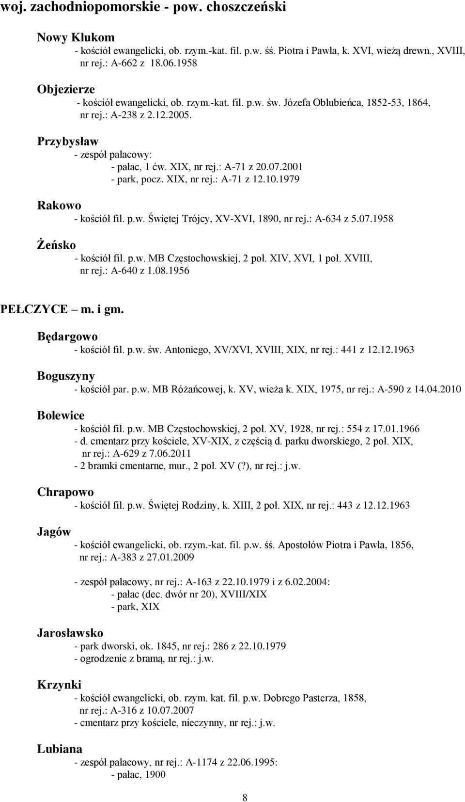 07.2001 - park, pocz. XIX, nr rej.: A-71 z 12.10.1979 Rakowo - kościół fil. p.w. Świętej Trójcy, XV-XVI, 1890, nr rej.: A-634 z 5.07.1958 Żeńsko - kościół fil. p.w. MB Częstochowskiej, 2 poł.