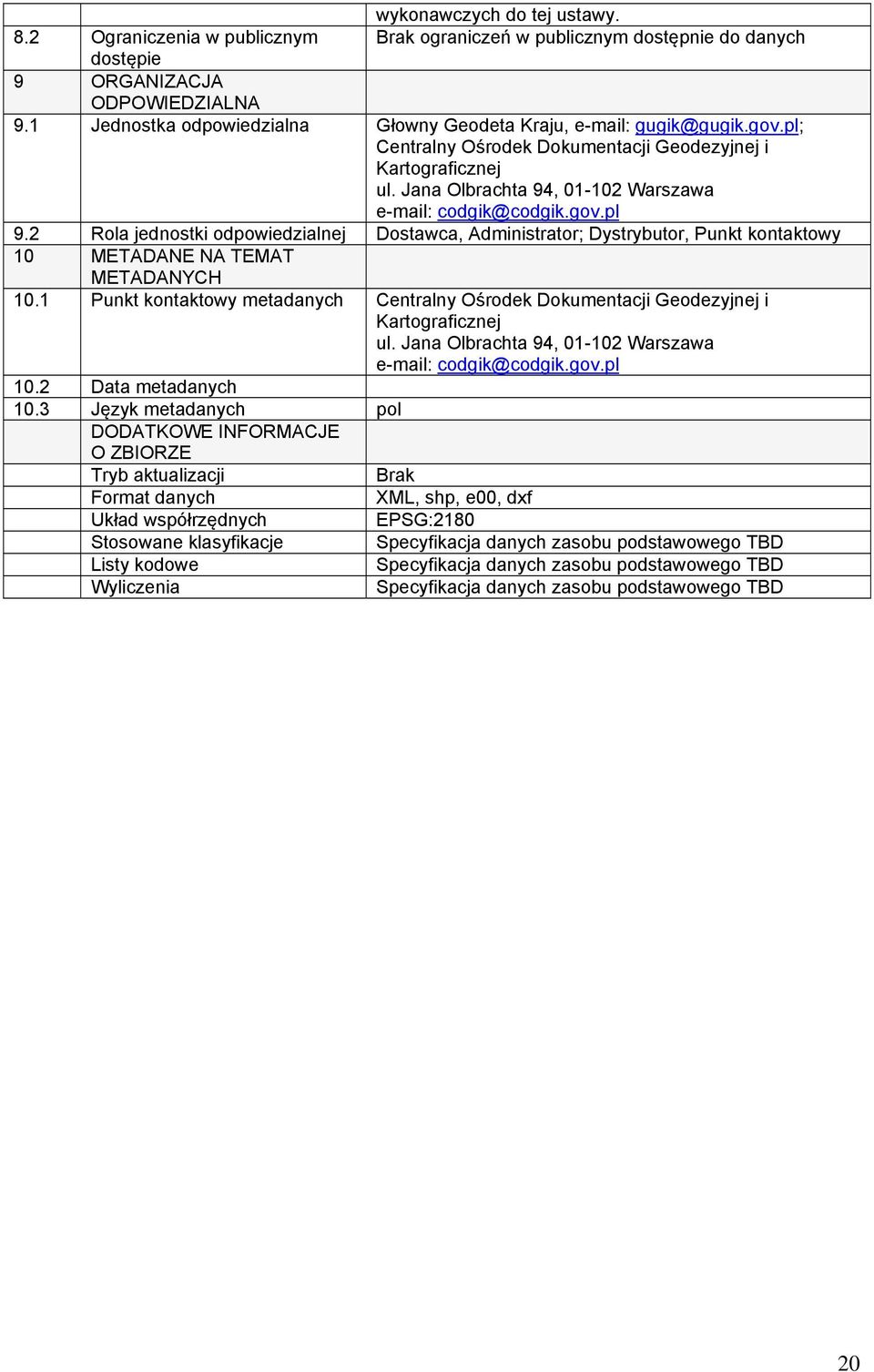 gov.pl 9.2 Rola jednostki odpowiedzialnej Dostawca, Administrator; Dystrybutor, Punkt kontaktowy 10 METADANE NA TEMAT METADANYCH 10.