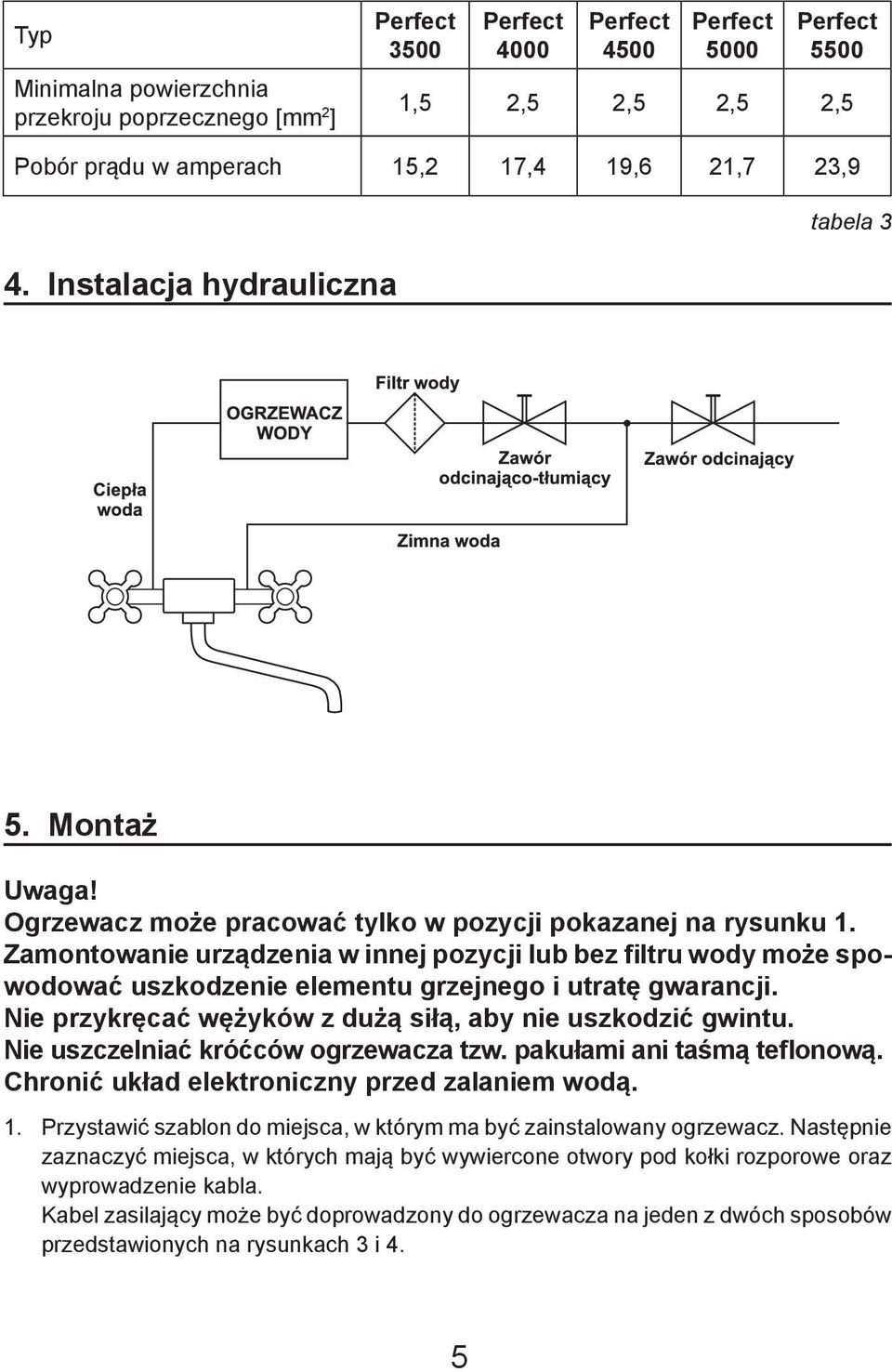 Zamontowanie urządzenia w innej pozycji lub bez filtru wody może spowodować uszkodzenie elementu grzejnego i utratę gwarancji. Nie przykręcać wężyków z dużą siłą, aby nie uszkodzić gwintu.