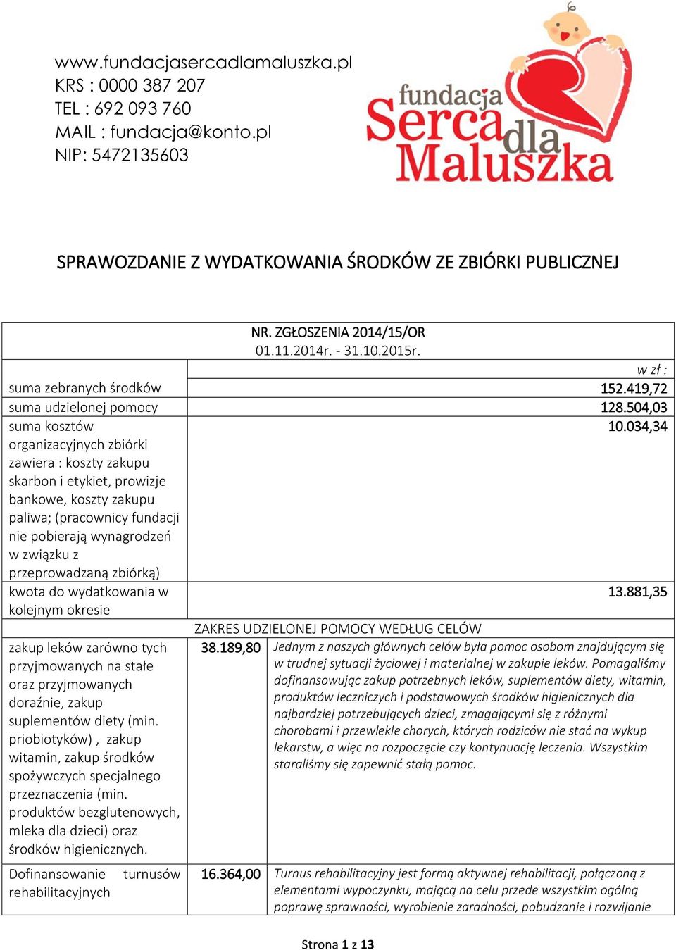 034,34 suma kosztów organizacyjnych zbiórki zawiera : koszty zakupu skarbon i etykiet, prowizje bankowe, koszty zakupu paliwa; (pracownicy fundacji nie pobierają wynagrodzeń w związku z