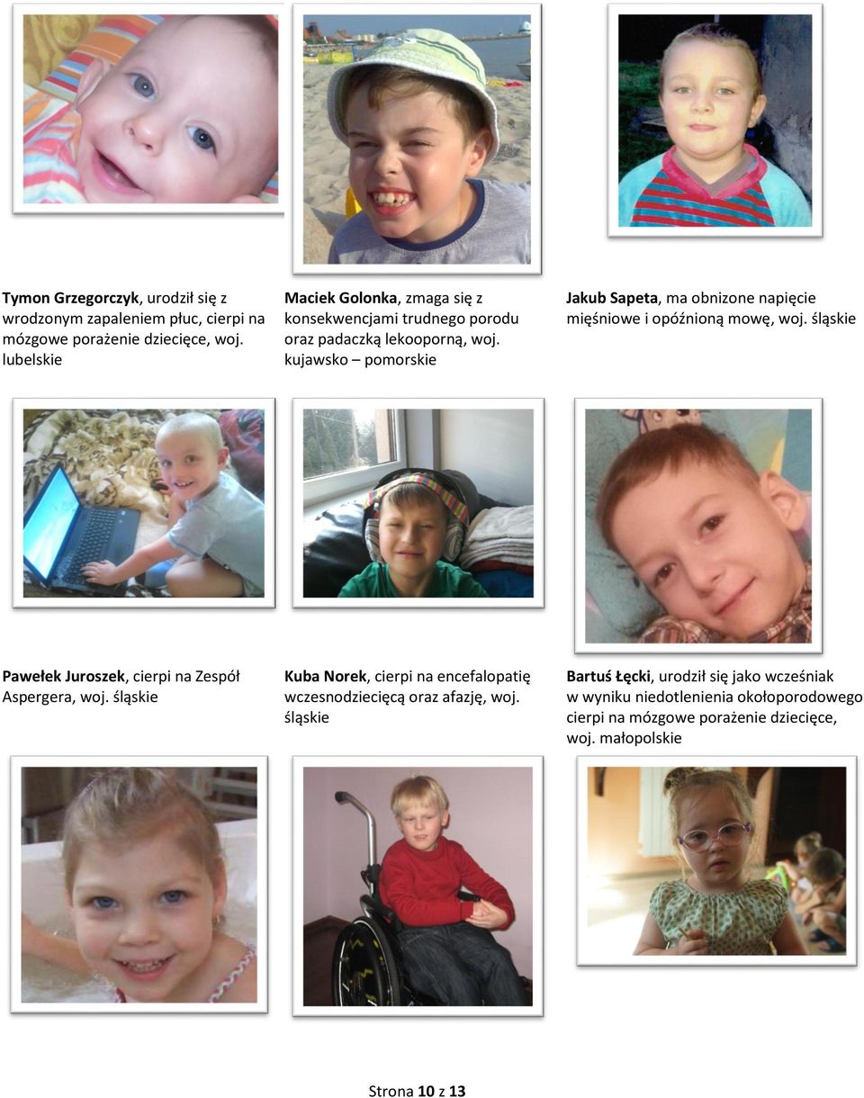kujawsko pomorskie Jakub Sapeta, ma obnizone napięcie mięśniowe i opóźnioną mowę, woj. śląskie Pawełek Juroszek, cierpi na Zespół Aspergera, woj.
