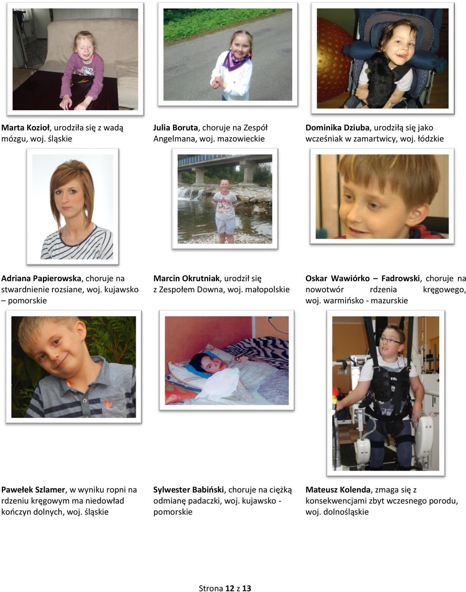 kujawsko pomorskie Marcin Okrutniak, urodził się z Zespołem Downa, woj. małopolskie Oskar Wawiórko Fadrowski, choruje na nowotwór rdzenia kręgowego, woj.