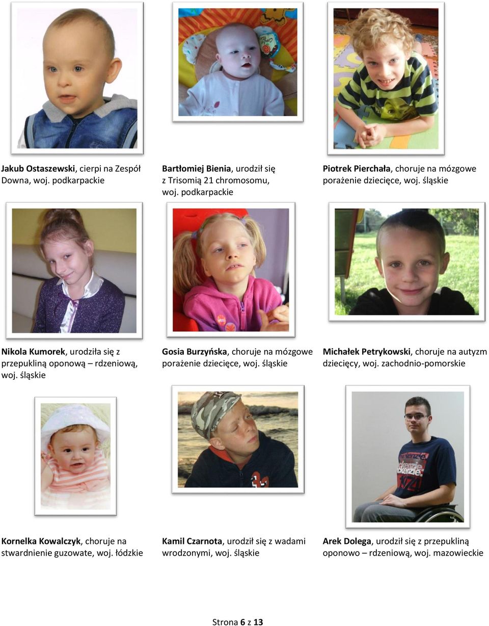 śląskie Gosia Burzyńska, choruje na mózgowe porażenie dziecięce, woj. śląskie Michałek Petrykowski, choruje na autyzm dziecięcy, woj.